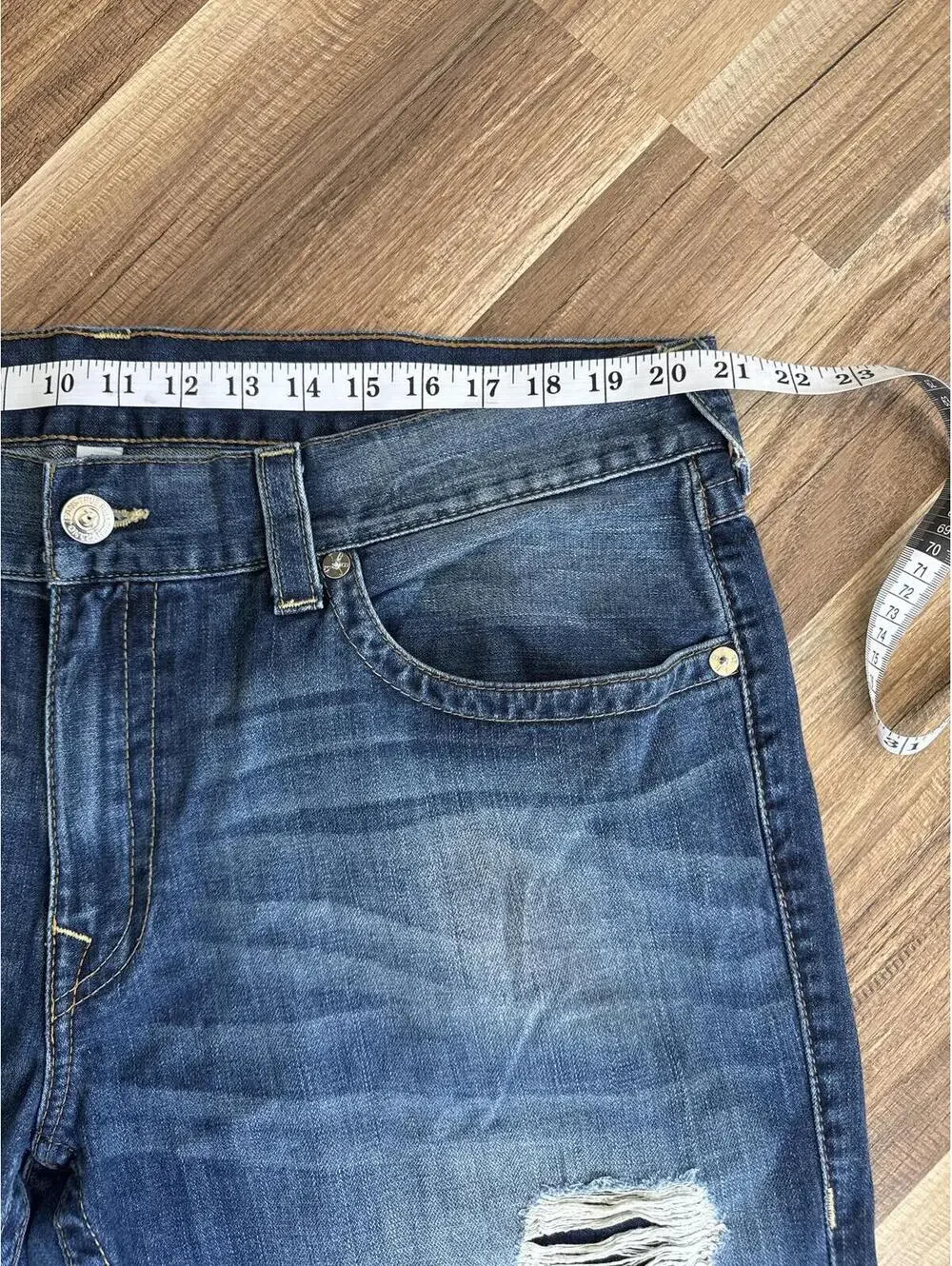 True Religion Straight Mens Jeans 40x33 Distressed Blue Denim Flap Pocket